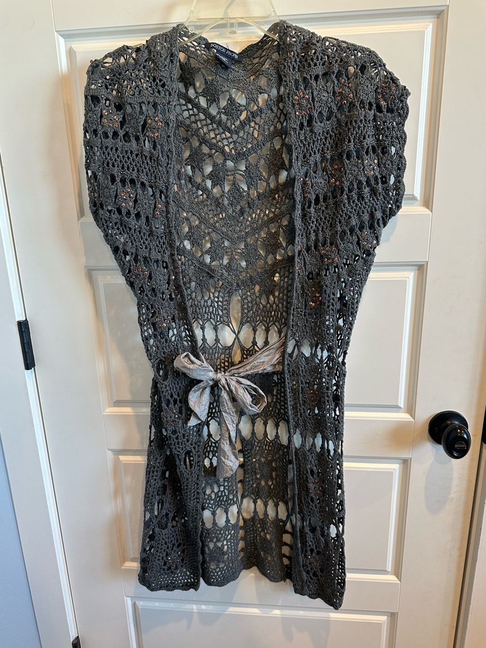 Boston Proper Medium Gray Crochet Sequin Beaded Tie Waist Cardigan Vest Y2K